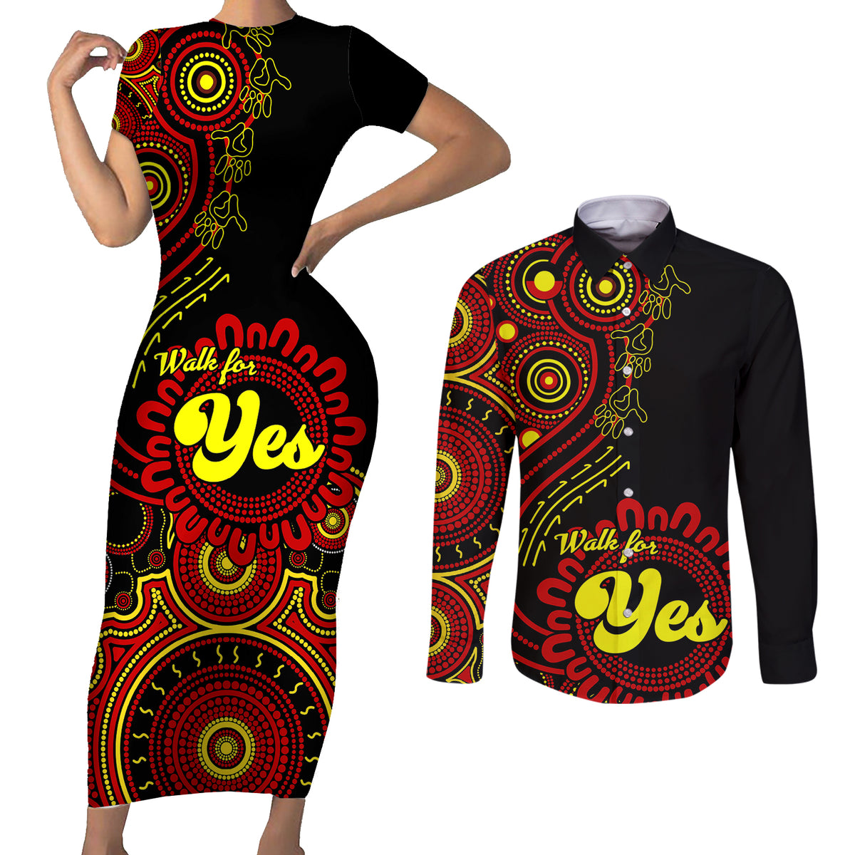 australia-walk-for-yes-couples-matching-short-sleeve-bodycon-dress-and-long-sleeve-button-shirts-indigenous-voice-2023-aboriginal-red-vibe