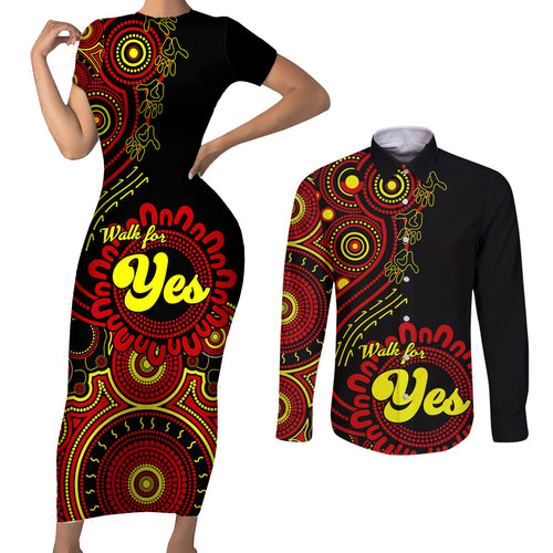 australia-walk-for-yes-couples-matching-short-sleeve-bodycon-dress-and-long-sleeve-button-shirts-indigenous-voice-2023-aboriginal-red-vibe
