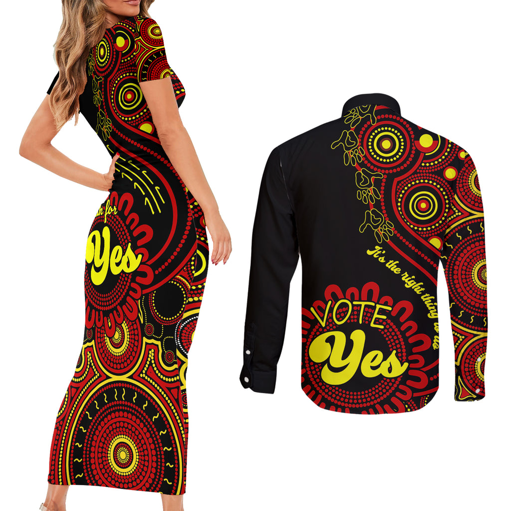 australia-walk-for-yes-couples-matching-short-sleeve-bodycon-dress-and-long-sleeve-button-shirts-indigenous-voice-2023-aboriginal-red-vibe
