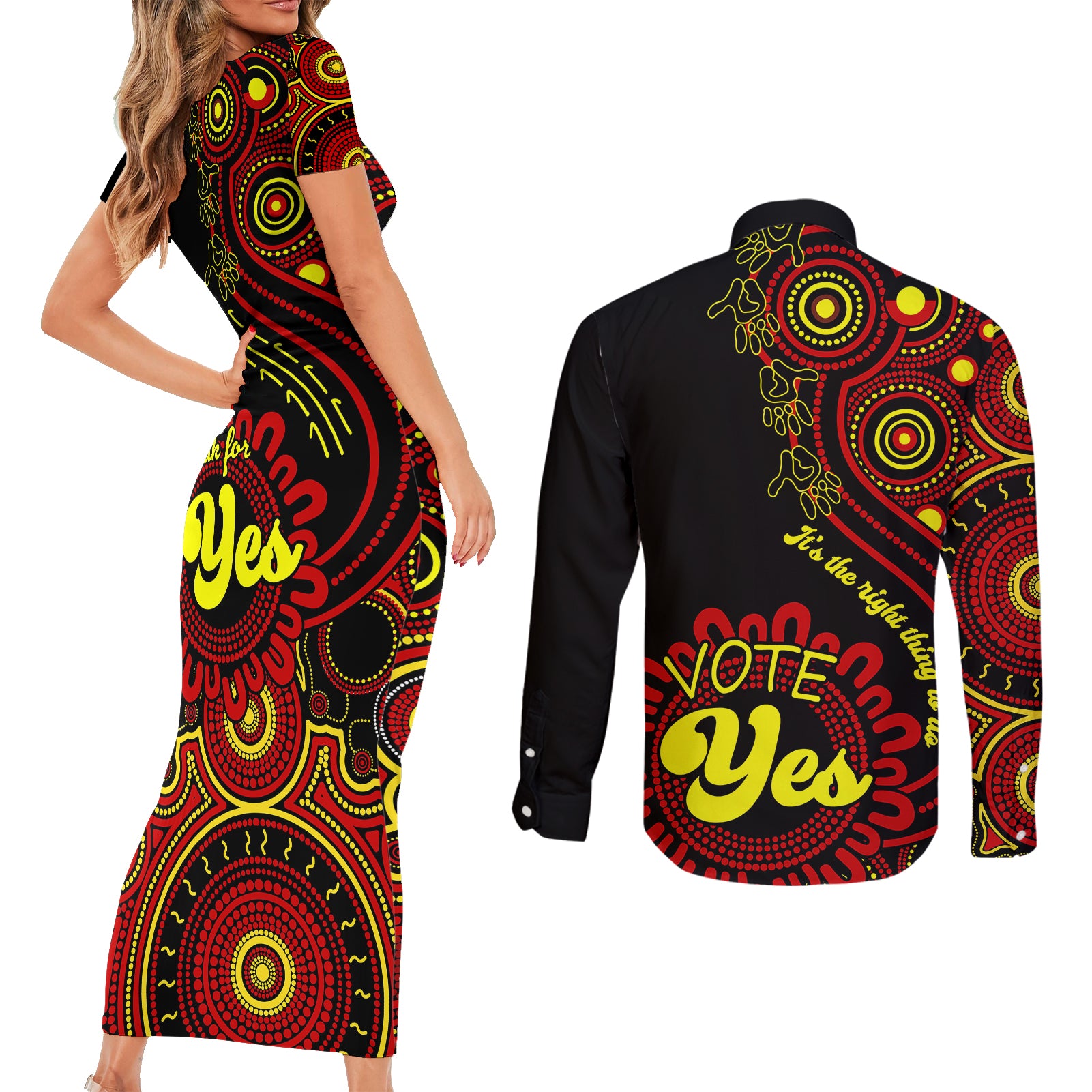 australia-walk-for-yes-couples-matching-short-sleeve-bodycon-dress-and-long-sleeve-button-shirts-indigenous-voice-2023-aboriginal-red-vibe