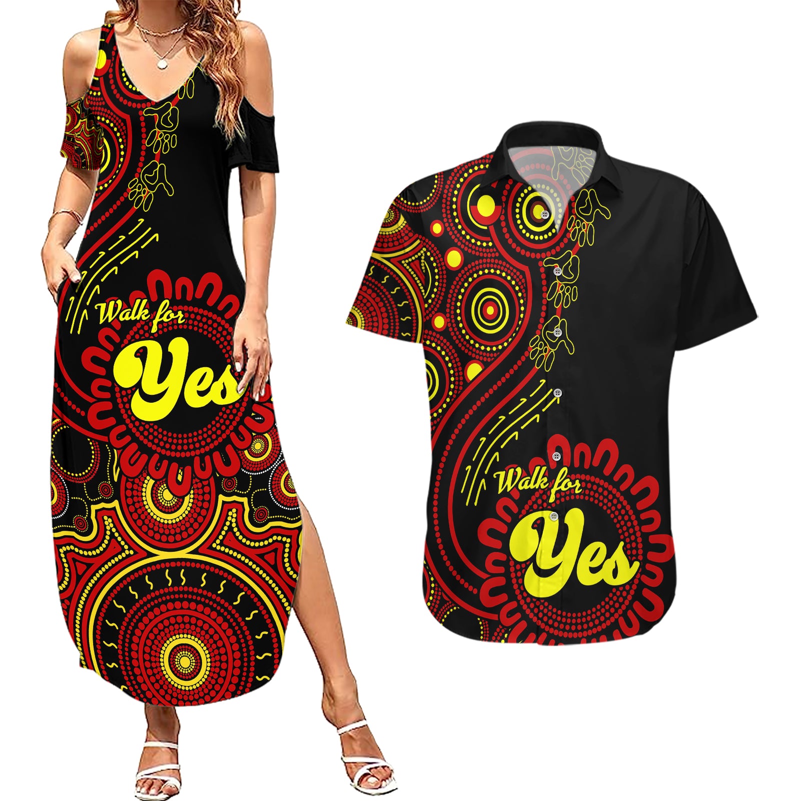 australia-walk-for-yes-couples-matching-summer-maxi-dress-and-hawaiian-shirt-indigenous-voice-2023-aboriginal-red-vibe