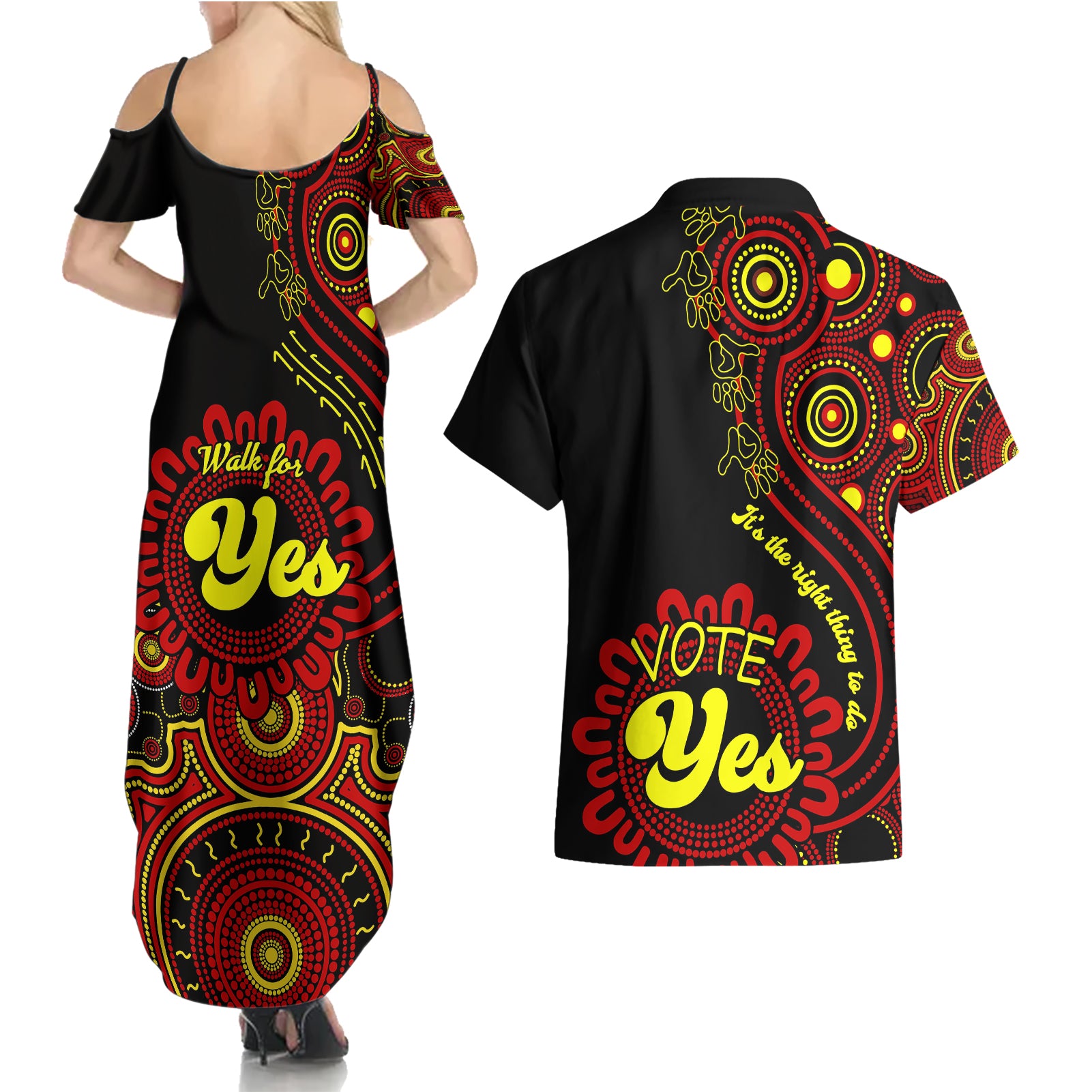 australia-walk-for-yes-couples-matching-summer-maxi-dress-and-hawaiian-shirt-indigenous-voice-2023-aboriginal-red-vibe