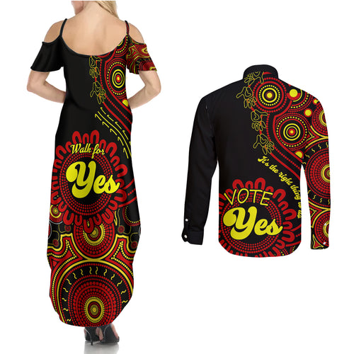 australia-walk-for-yes-couples-matching-summer-maxi-dress-and-long-sleeve-button-shirts-indigenous-voice-2023-aboriginal-red-vibe