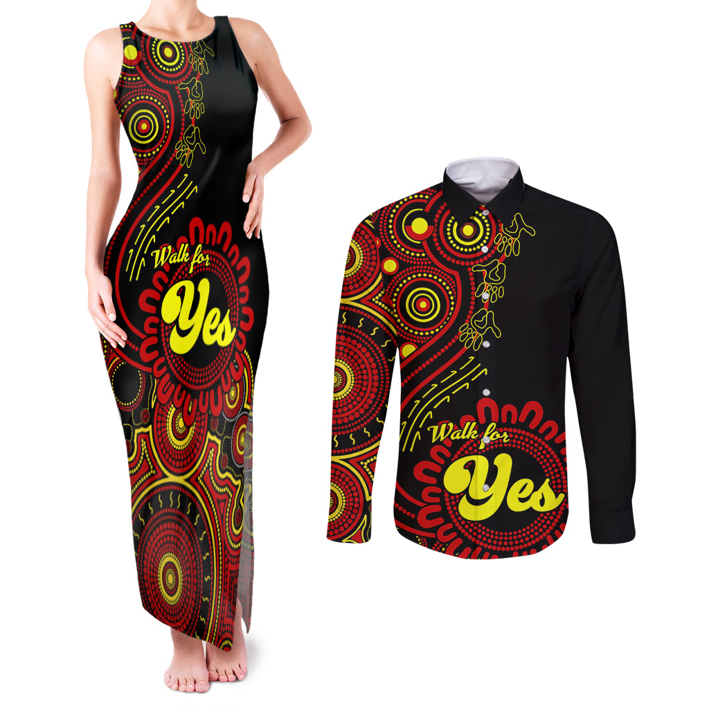 australia-walk-for-yes-couples-matching-tank-maxi-dress-and-long-sleeve-button-shirts-indigenous-voice-2023-aboriginal-red-vibe