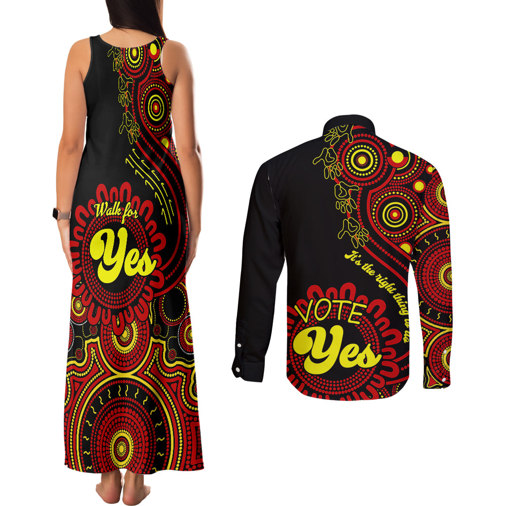 australia-walk-for-yes-couples-matching-tank-maxi-dress-and-long-sleeve-button-shirts-indigenous-voice-2023-aboriginal-red-vibe