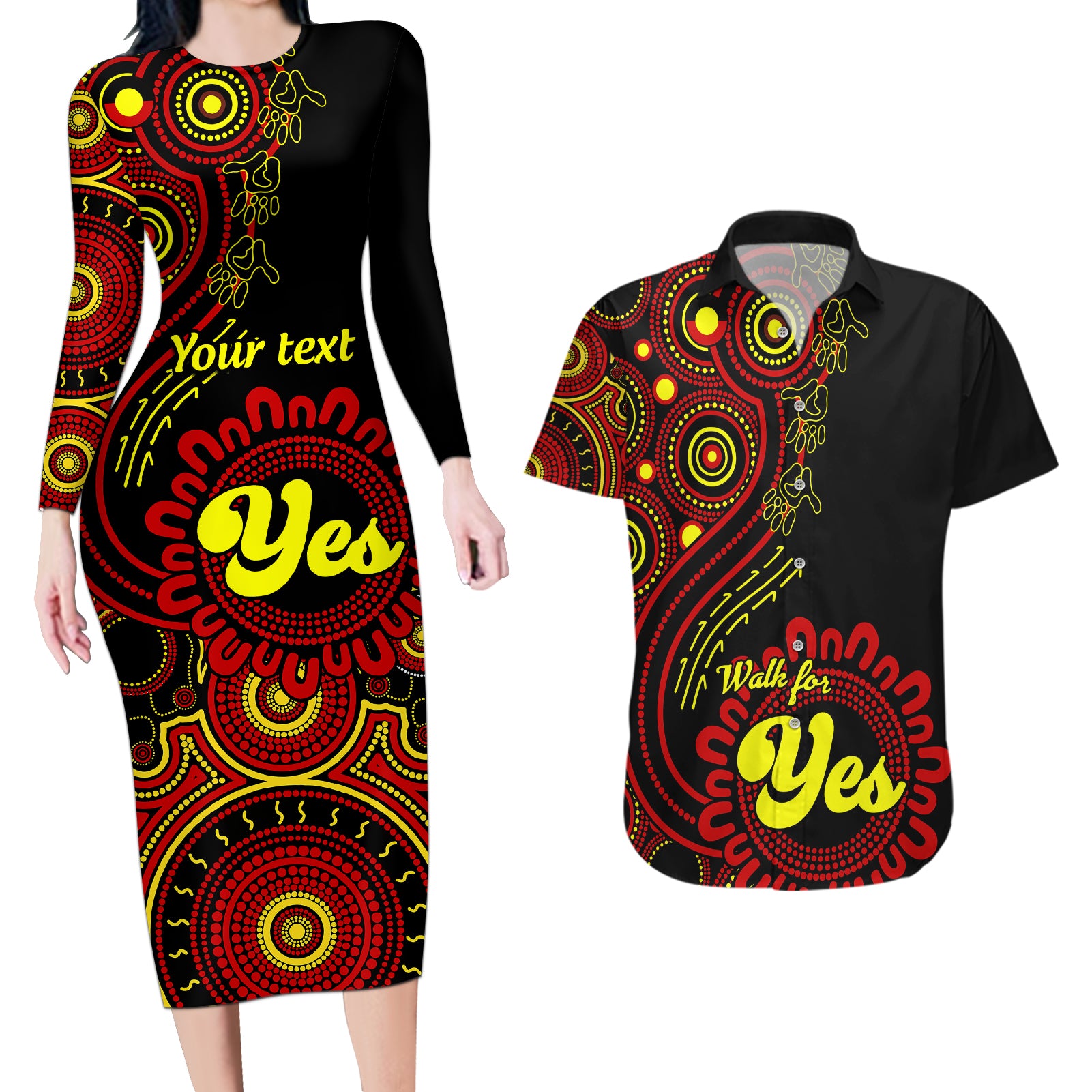 personalised-australia-walk-for-yes-couples-matching-long-sleeve-bodycon-dress-and-hawaiian-shirt-indigenous-voice-2023-aboriginal-red-vibe