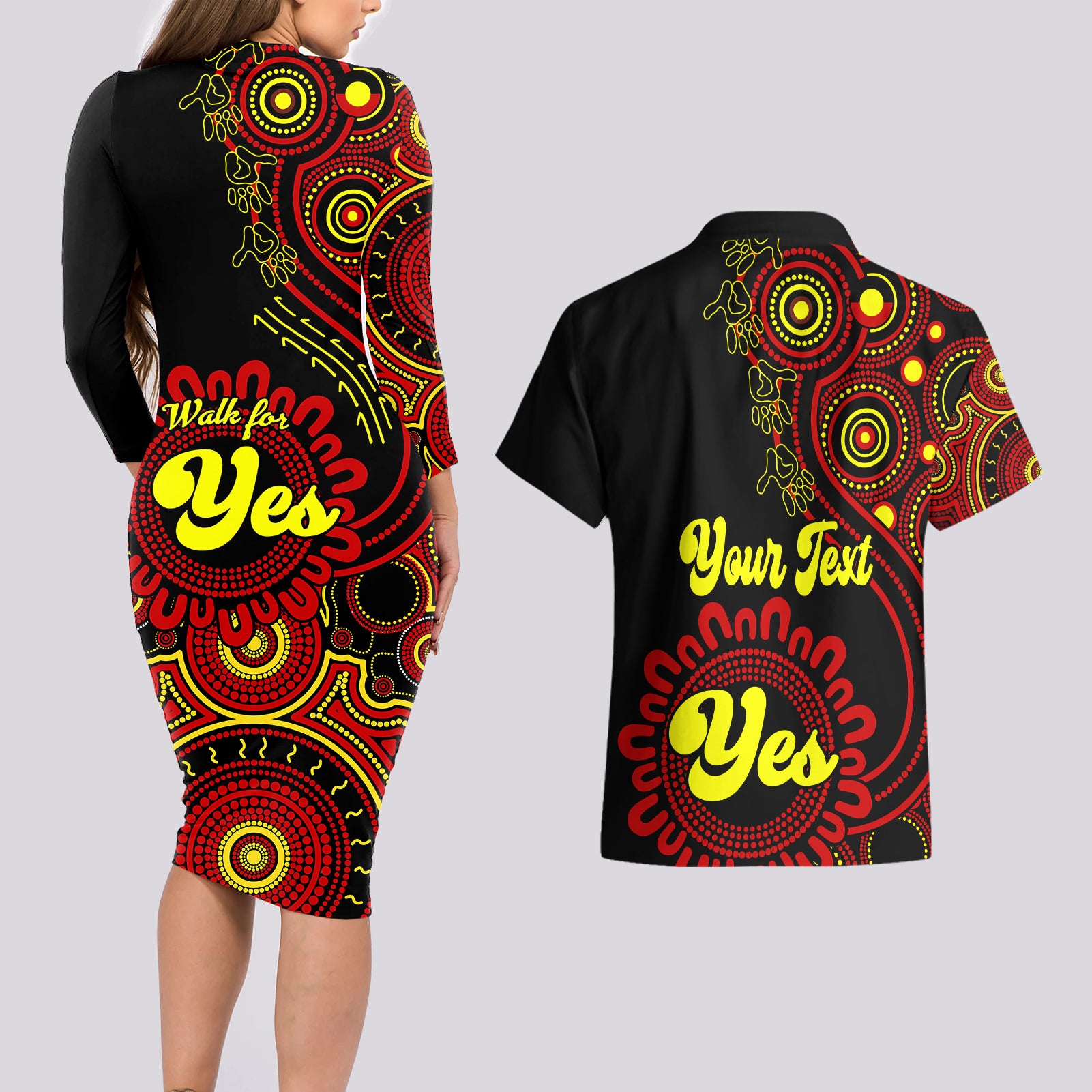 personalised-australia-walk-for-yes-couples-matching-long-sleeve-bodycon-dress-and-hawaiian-shirt-indigenous-voice-2023-aboriginal-red-vibe