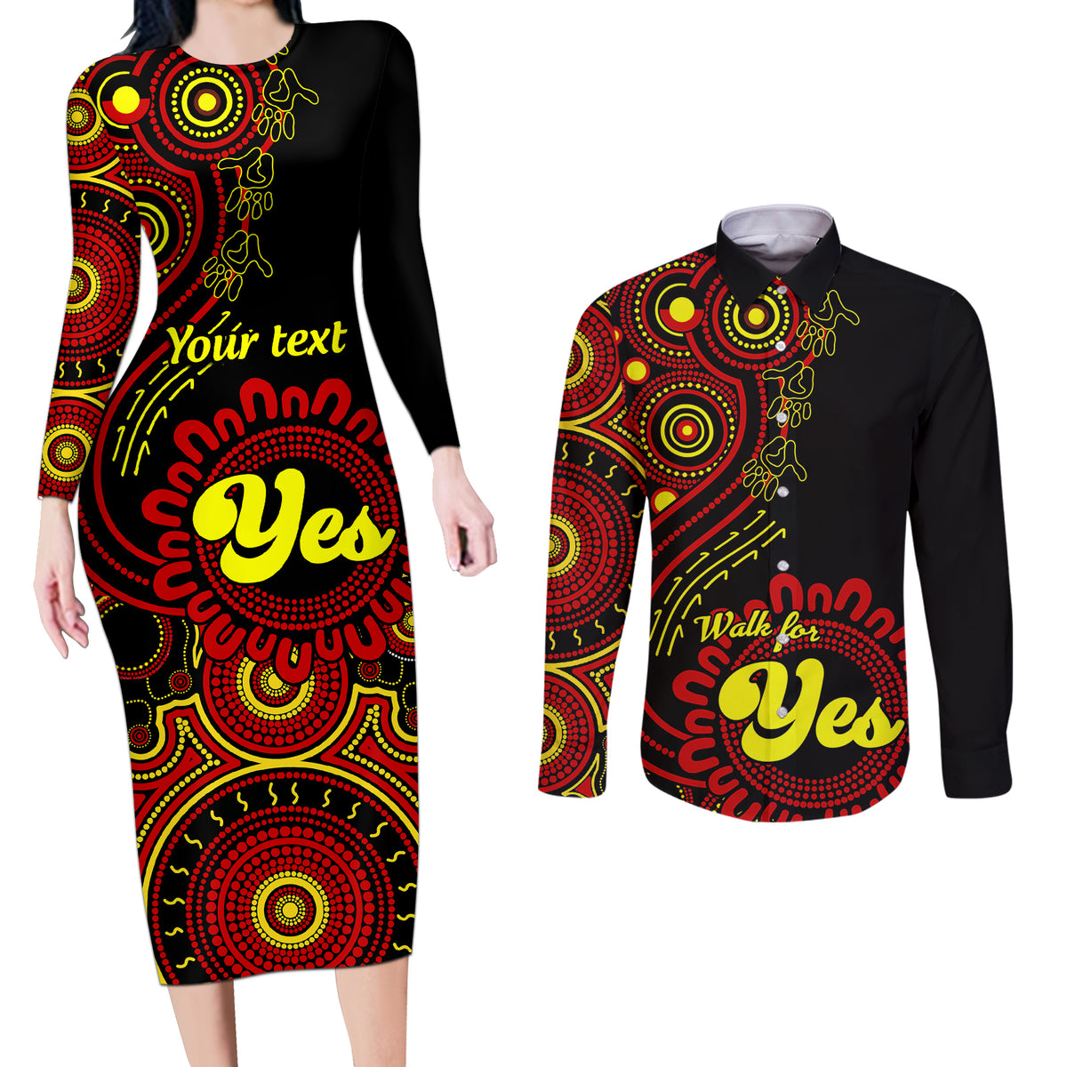 personalised-australia-walk-for-yes-couples-matching-long-sleeve-bodycon-dress-and-long-sleeve-button-shirts-indigenous-voice-2023-aboriginal-red-vibe