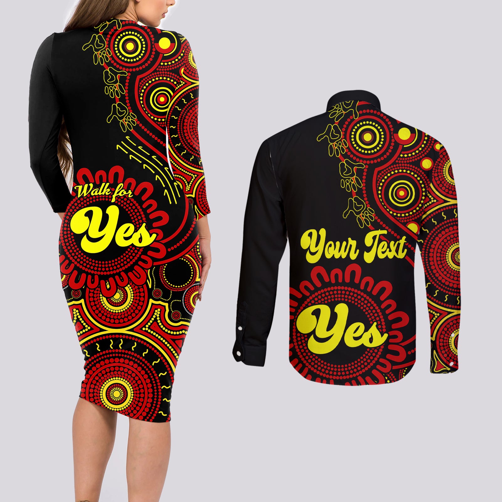 personalised-australia-walk-for-yes-couples-matching-long-sleeve-bodycon-dress-and-long-sleeve-button-shirts-indigenous-voice-2023-aboriginal-red-vibe