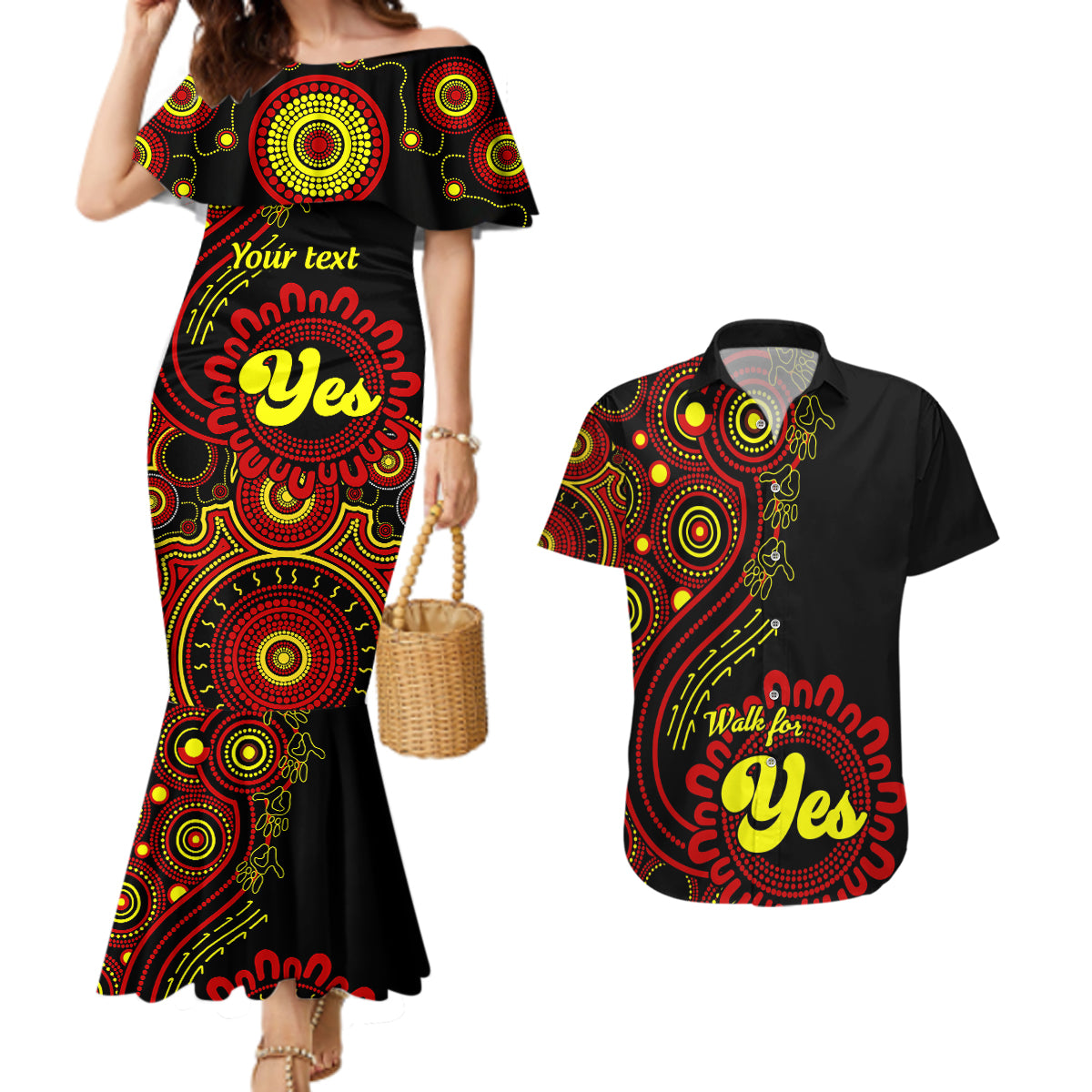 personalised-australia-walk-for-yes-couples-matching-mermaid-dress-and-hawaiian-shirt-indigenous-voice-2023-aboriginal-red-vibe