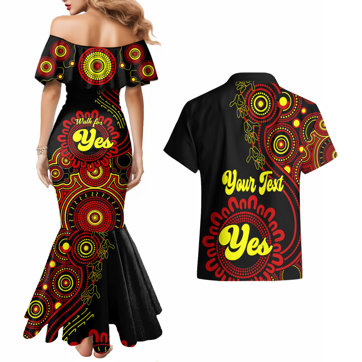 personalised-australia-walk-for-yes-couples-matching-mermaid-dress-and-hawaiian-shirt-indigenous-voice-2023-aboriginal-red-vibe