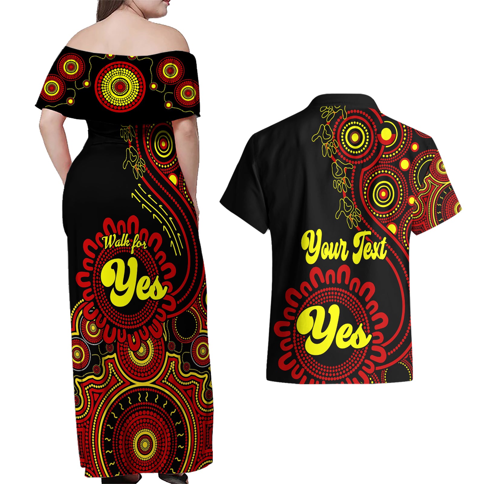 personalised-australia-walk-for-yes-couples-matching-off-shoulder-maxi-dress-and-hawaiian-shirt-indigenous-voice-2023-aboriginal-red-vibe