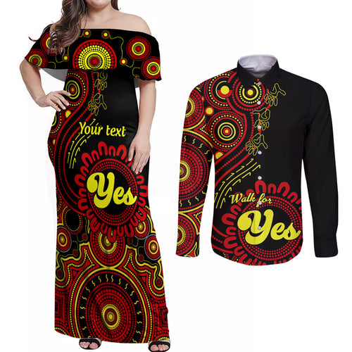 personalised-australia-walk-for-yes-couples-matching-off-shoulder-maxi-dress-and-long-sleeve-button-shirts-indigenous-voice-2023-aboriginal-red-vibe
