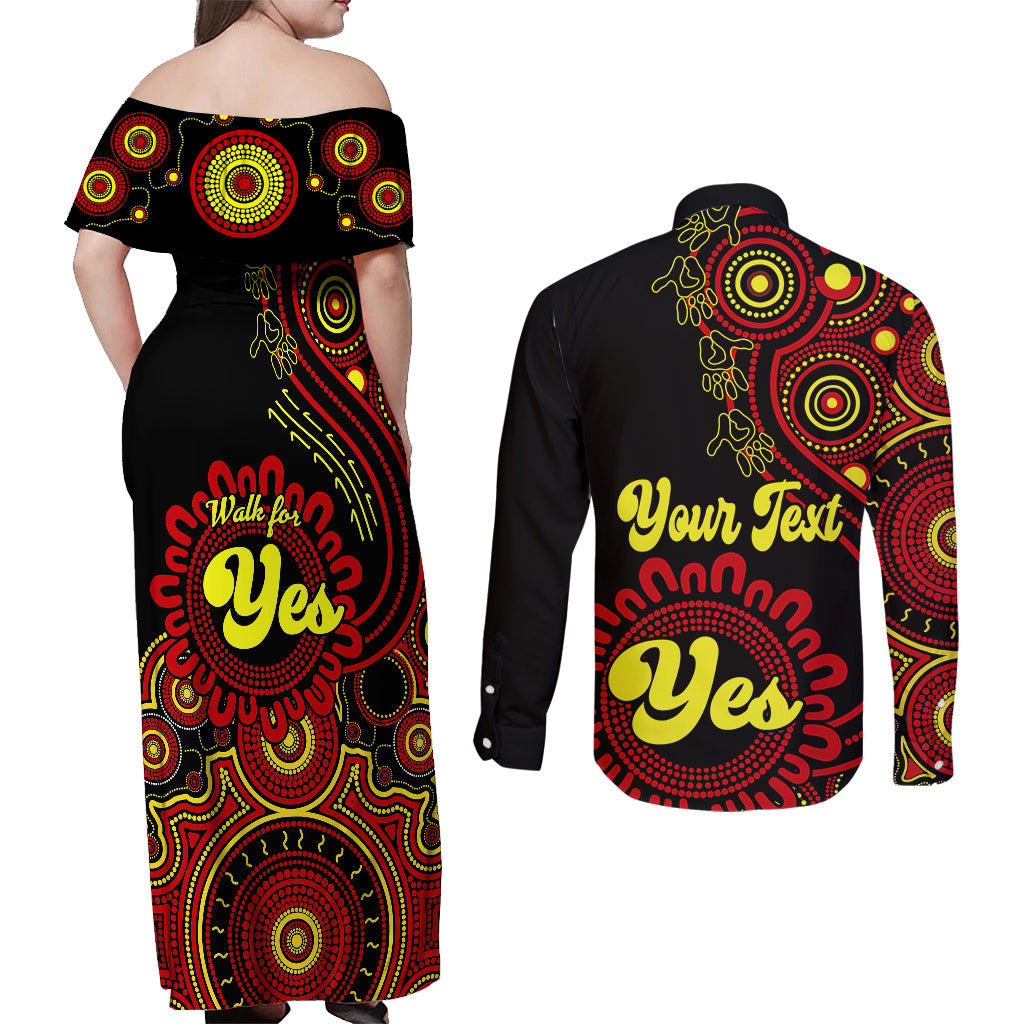 personalised-australia-walk-for-yes-couples-matching-off-shoulder-maxi-dress-and-long-sleeve-button-shirts-indigenous-voice-2023-aboriginal-red-vibe