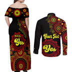 personalised-australia-walk-for-yes-couples-matching-off-shoulder-maxi-dress-and-long-sleeve-button-shirts-indigenous-voice-2023-aboriginal-red-vibe