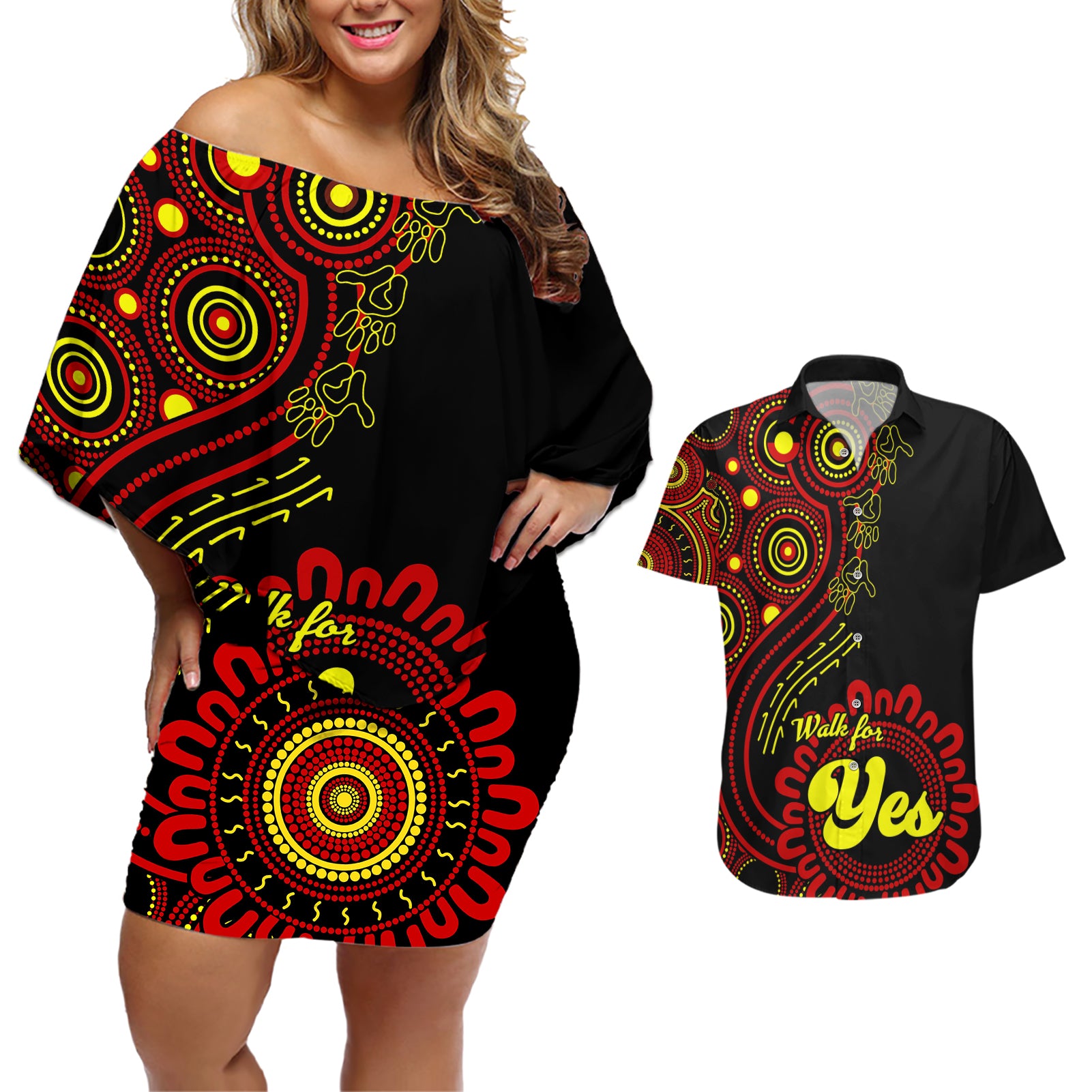 personalised-australia-walk-for-yes-couples-matching-off-shoulder-short-dress-and-hawaiian-shirt-indigenous-voice-2023-aboriginal-red-vibe