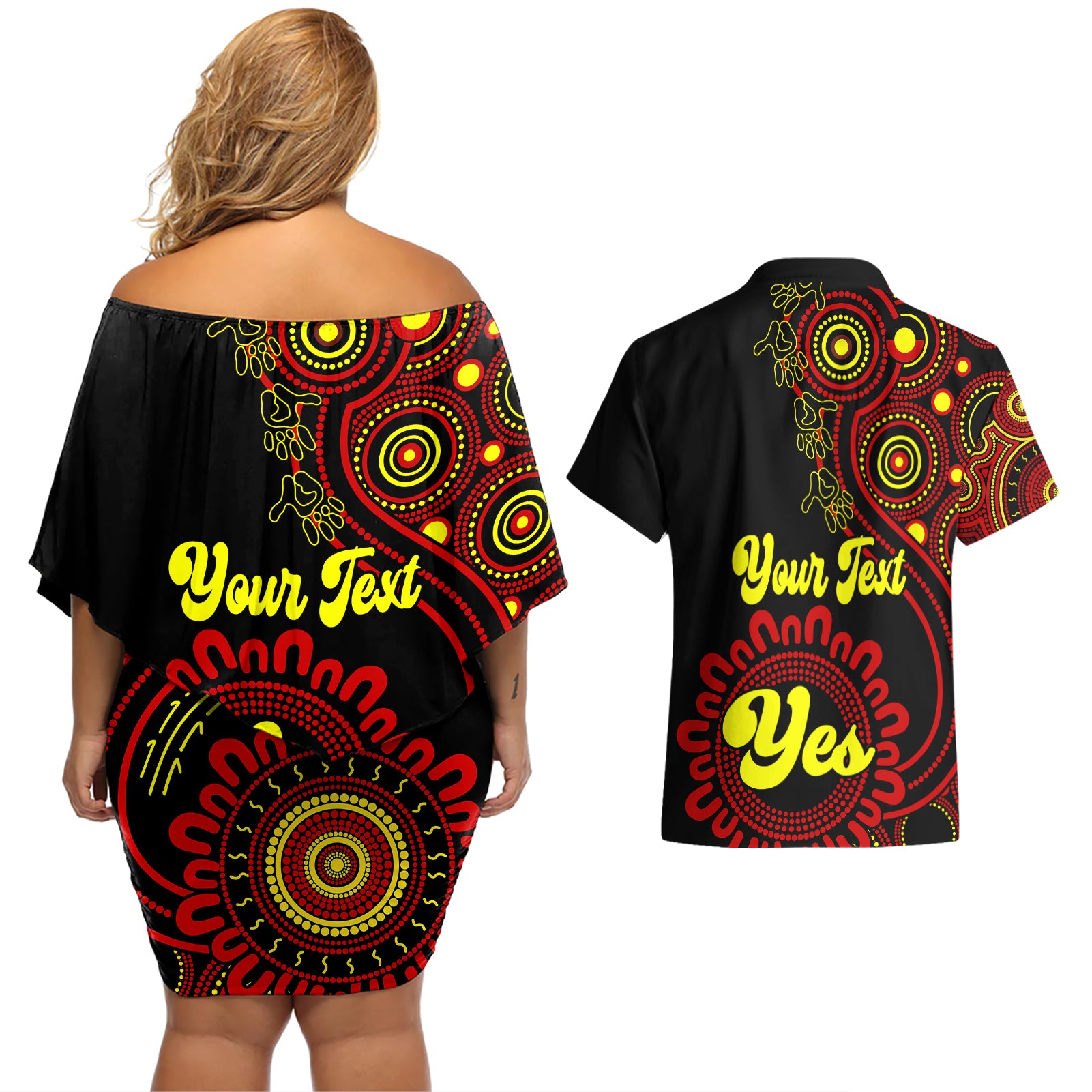 personalised-australia-walk-for-yes-couples-matching-off-shoulder-short-dress-and-hawaiian-shirt-indigenous-voice-2023-aboriginal-red-vibe