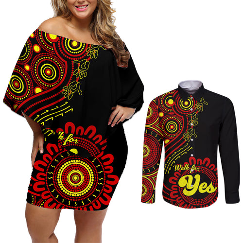 personalised-australia-walk-for-yes-couples-matching-off-shoulder-short-dress-and-long-sleeve-button-shirts-indigenous-voice-2023-aboriginal-red-vibe
