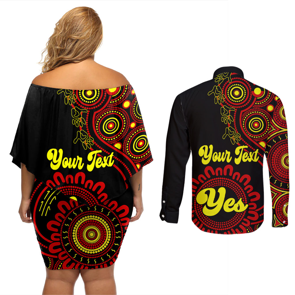 personalised-australia-walk-for-yes-couples-matching-off-shoulder-short-dress-and-long-sleeve-button-shirts-indigenous-voice-2023-aboriginal-red-vibe