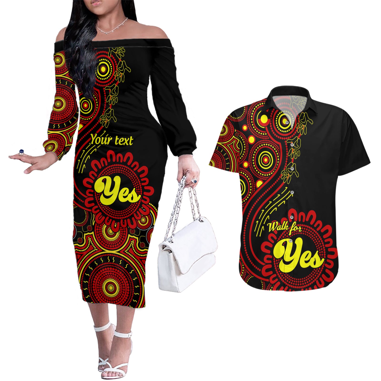 personalised-australia-walk-for-yes-couples-matching-off-the-shoulder-long-sleeve-dress-and-hawaiian-shirt-indigenous-voice-2023-aboriginal-red-vibe
