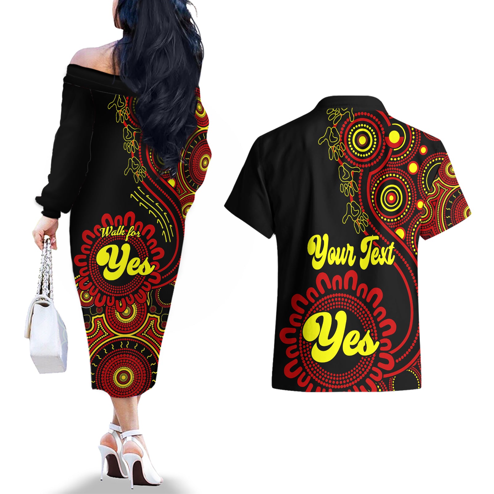 personalised-australia-walk-for-yes-couples-matching-off-the-shoulder-long-sleeve-dress-and-hawaiian-shirt-indigenous-voice-2023-aboriginal-red-vibe