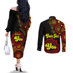 personalised-australia-walk-for-yes-couples-matching-off-the-shoulder-long-sleeve-dress-and-long-sleeve-button-shirts-indigenous-voice-2023-aboriginal-red-vibe