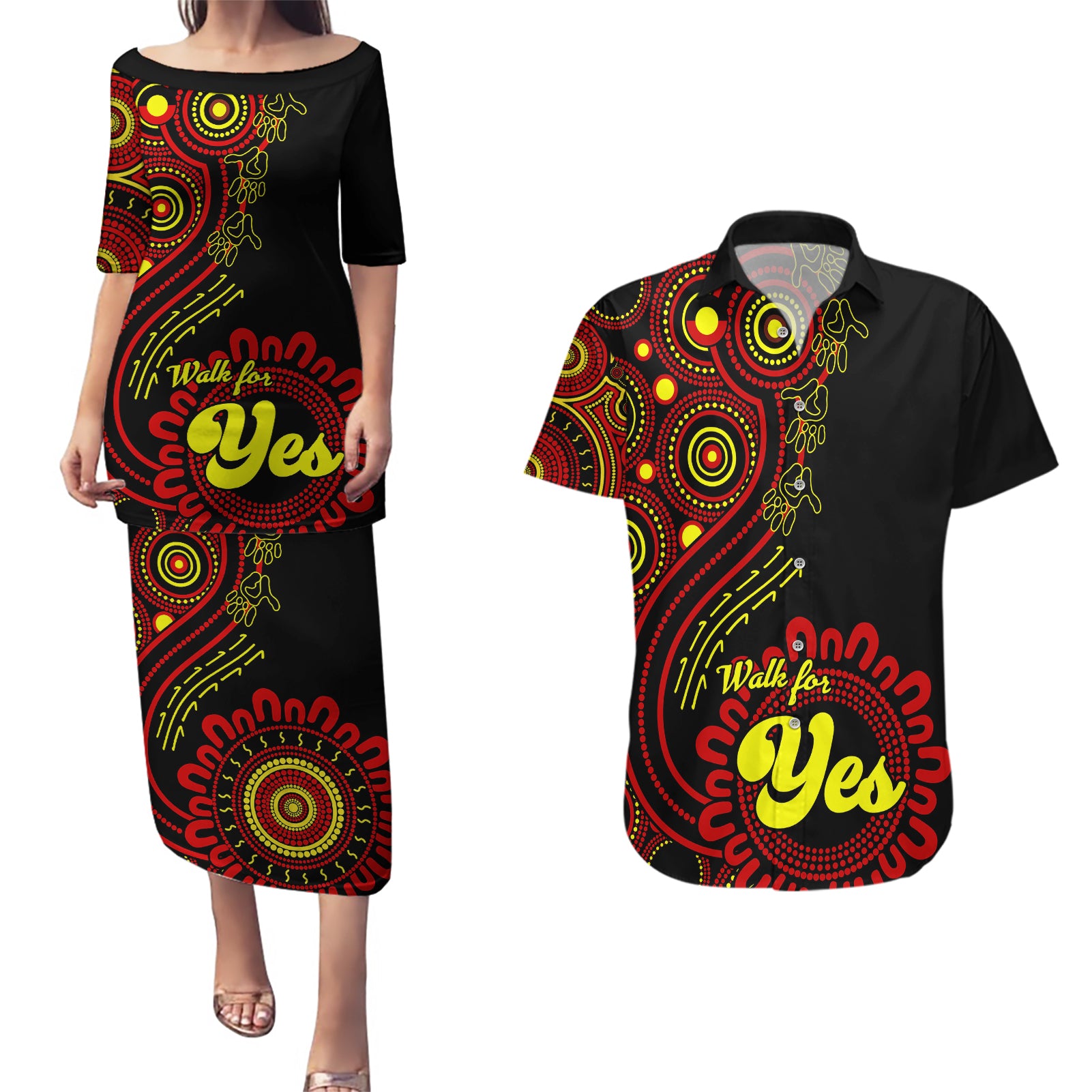 personalised-australia-walk-for-yes-couples-matching-puletasi-dress-and-hawaiian-shirt-indigenous-voice-2023-aboriginal-red-vibe