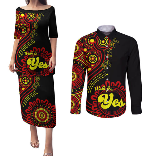 personalised-australia-walk-for-yes-couples-matching-puletasi-dress-and-long-sleeve-button-shirts-indigenous-voice-2023-aboriginal-red-vibe
