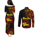 personalised-australia-walk-for-yes-couples-matching-puletasi-dress-and-long-sleeve-button-shirts-indigenous-voice-2023-aboriginal-red-vibe