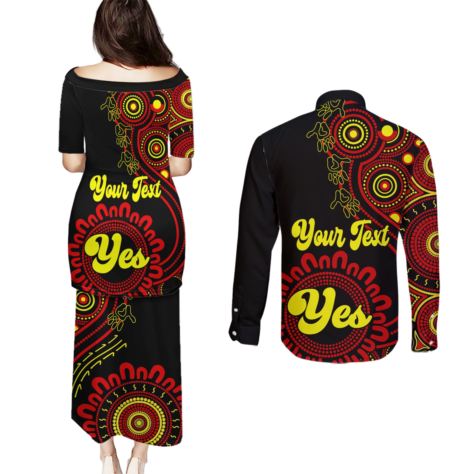 personalised-australia-walk-for-yes-couples-matching-puletasi-dress-and-long-sleeve-button-shirts-indigenous-voice-2023-aboriginal-red-vibe