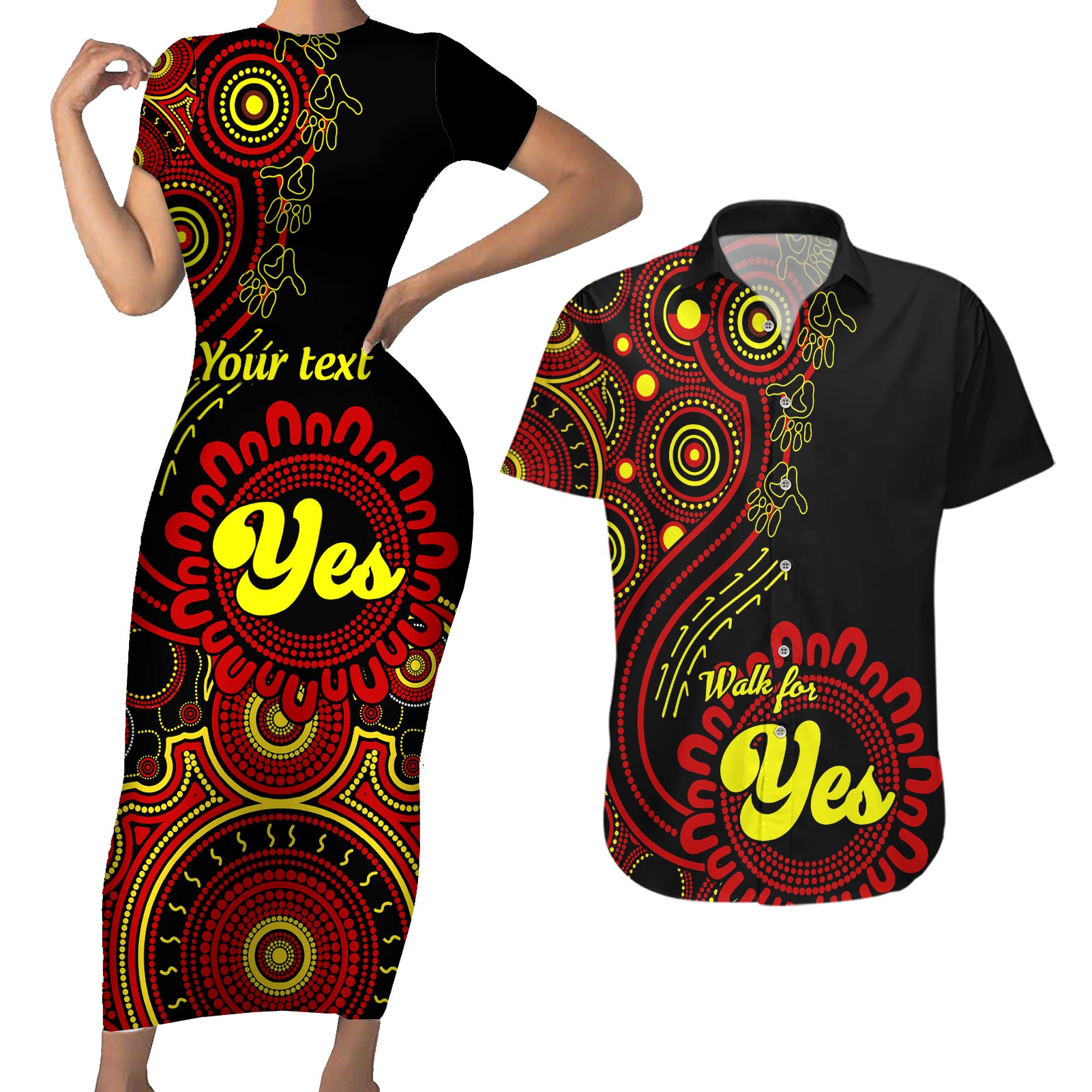 personalised-australia-walk-for-yes-couples-matching-short-sleeve-bodycon-dress-and-hawaiian-shirt-indigenous-voice-2023-aboriginal-red-vibe