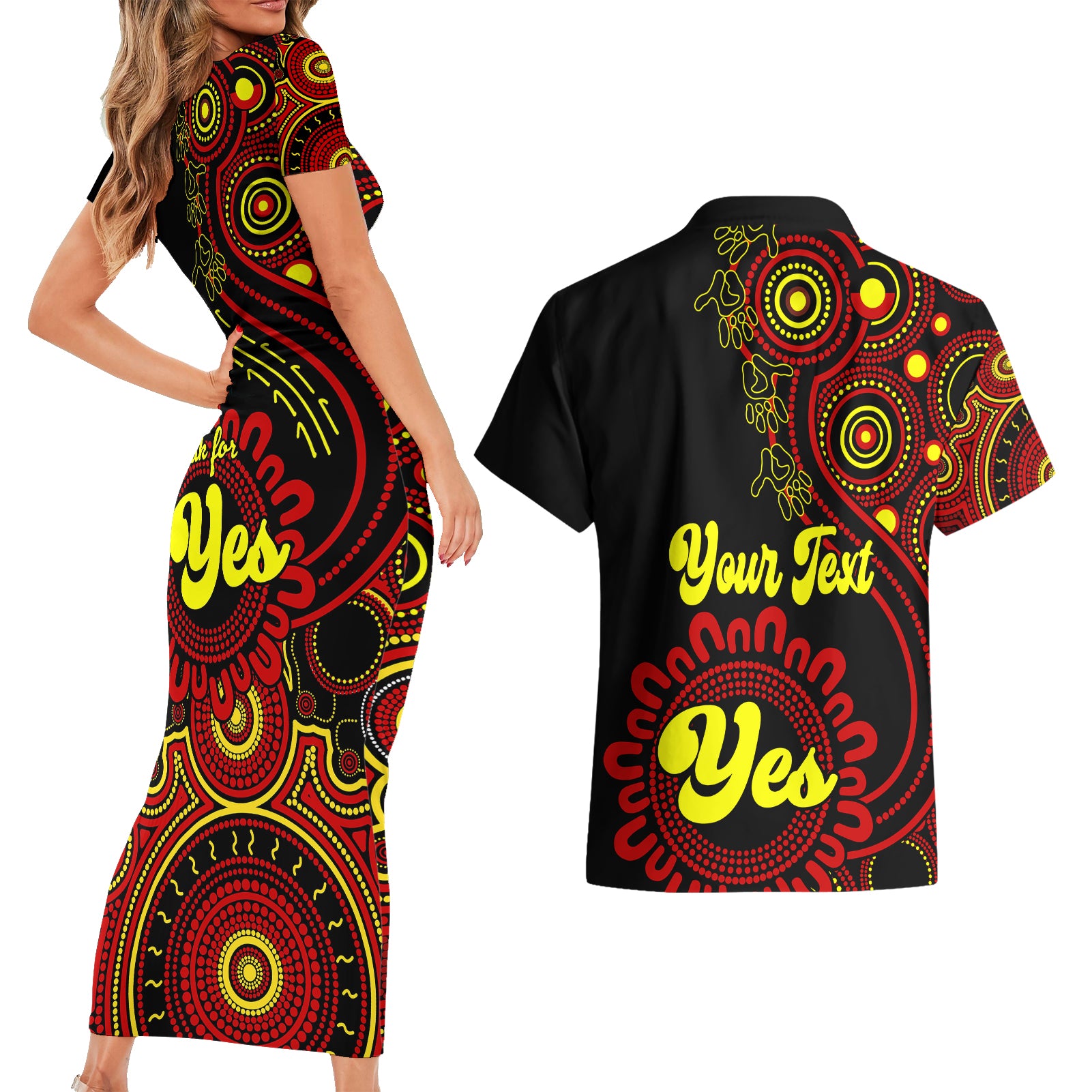 personalised-australia-walk-for-yes-couples-matching-short-sleeve-bodycon-dress-and-hawaiian-shirt-indigenous-voice-2023-aboriginal-red-vibe