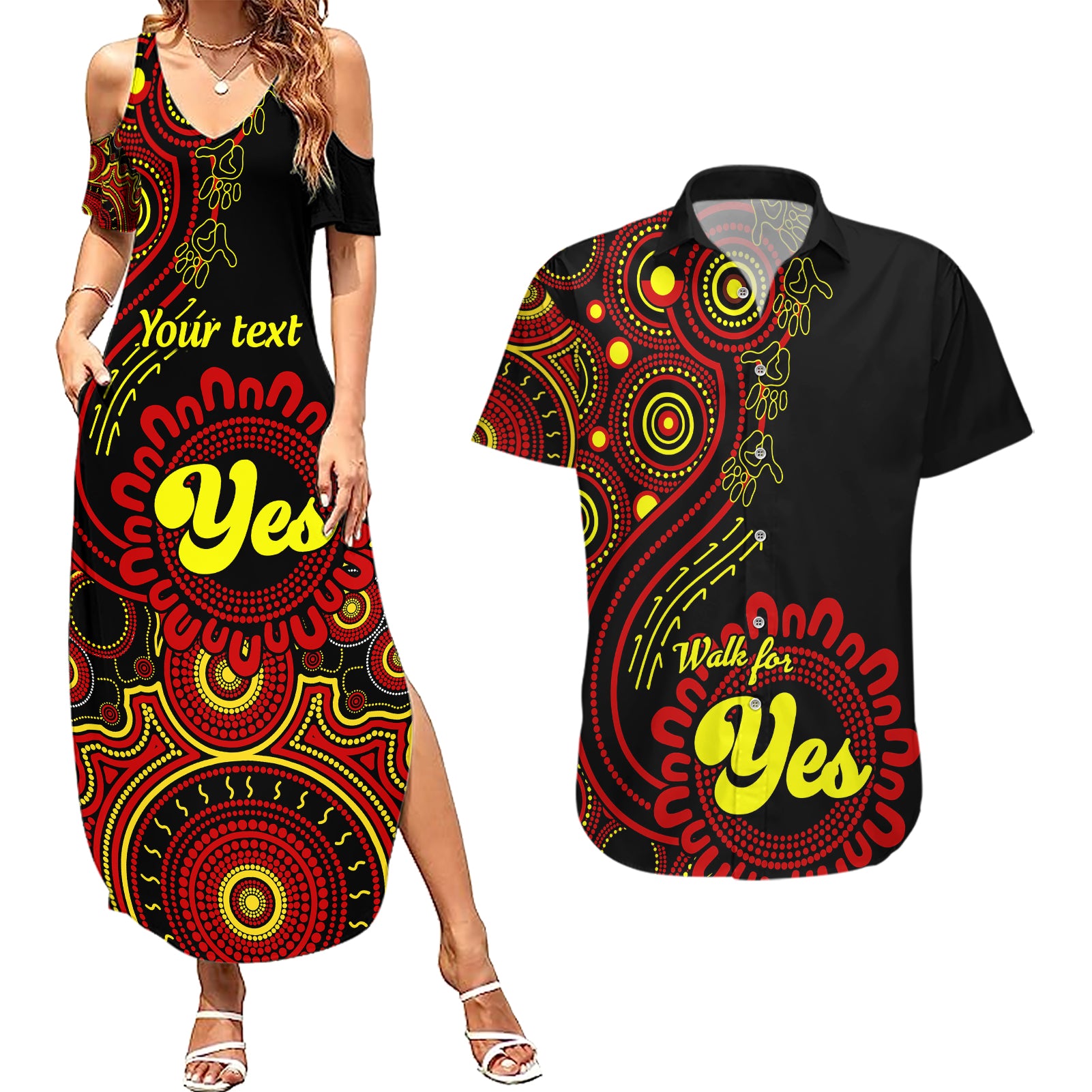 personalised-australia-walk-for-yes-couples-matching-summer-maxi-dress-and-hawaiian-shirt-indigenous-voice-2023-aboriginal-red-vibe