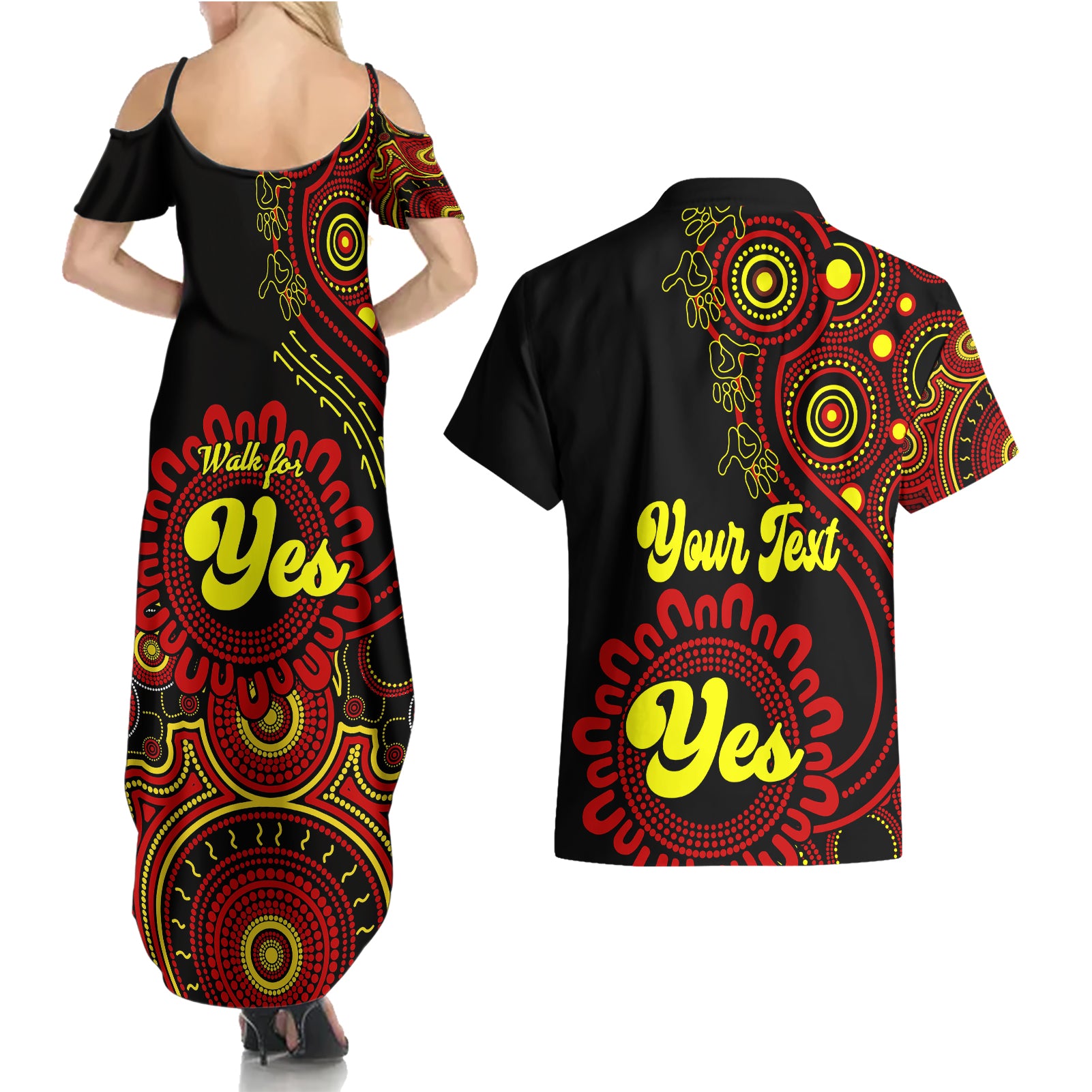 personalised-australia-walk-for-yes-couples-matching-summer-maxi-dress-and-hawaiian-shirt-indigenous-voice-2023-aboriginal-red-vibe
