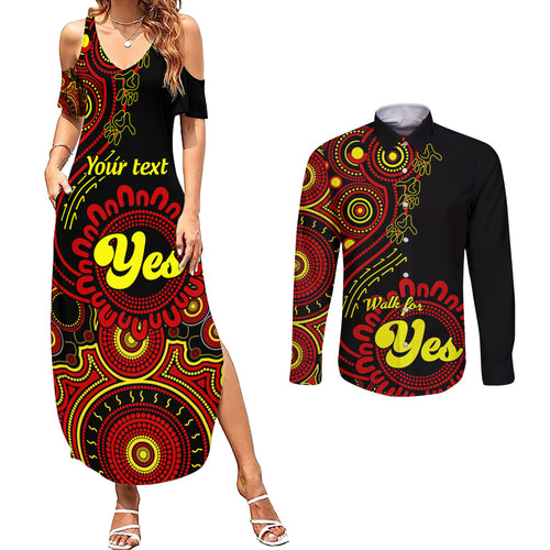 personalised-australia-walk-for-yes-couples-matching-summer-maxi-dress-and-long-sleeve-button-shirts-indigenous-voice-2023-aboriginal-red-vibe