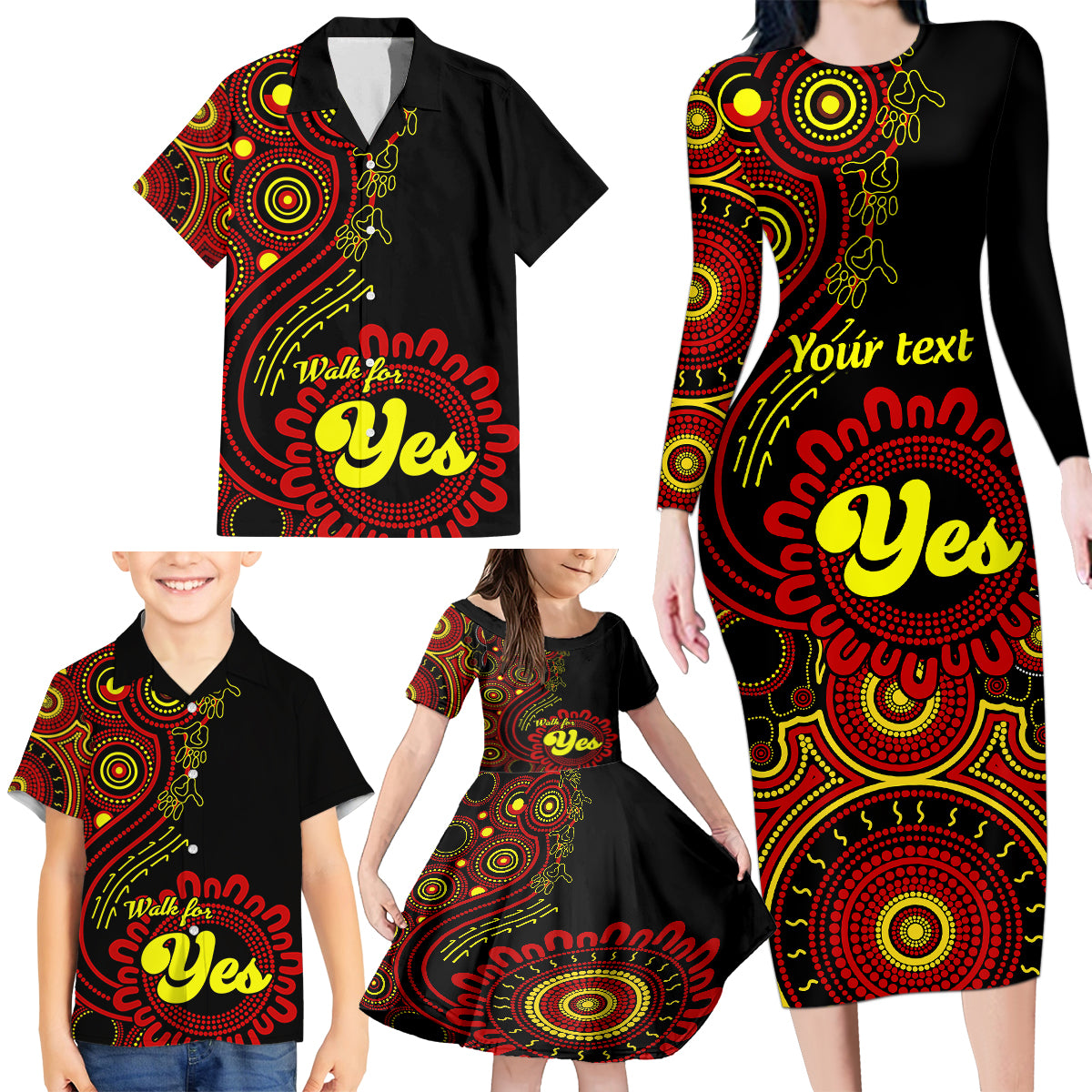 personalised-australia-walk-for-yes-family-matching-long-sleeve-bodycon-dress-and-hawaiian-shirt-indigenous-voice-2023-aboriginal-red-vibe