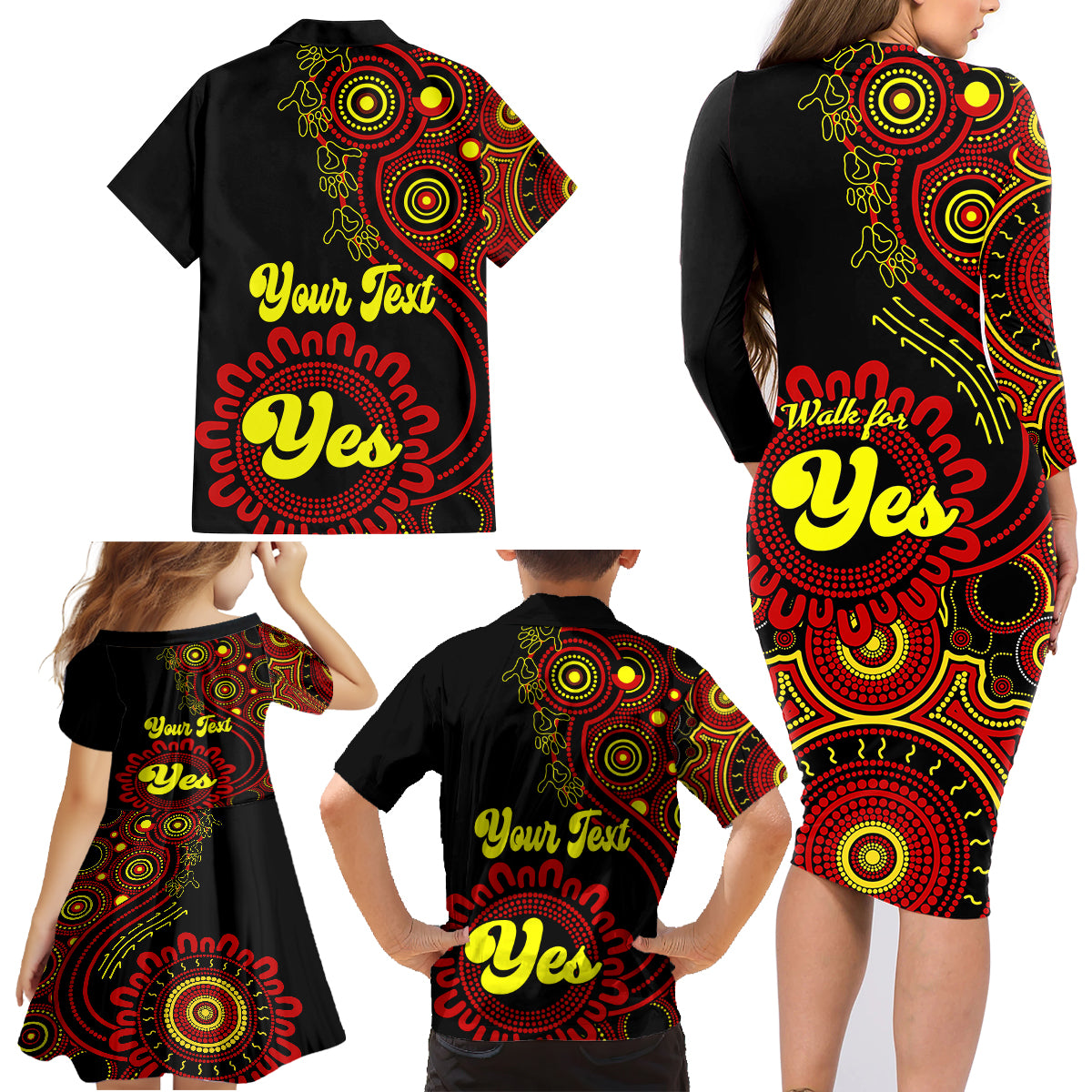 personalised-australia-walk-for-yes-family-matching-long-sleeve-bodycon-dress-and-hawaiian-shirt-indigenous-voice-2023-aboriginal-red-vibe