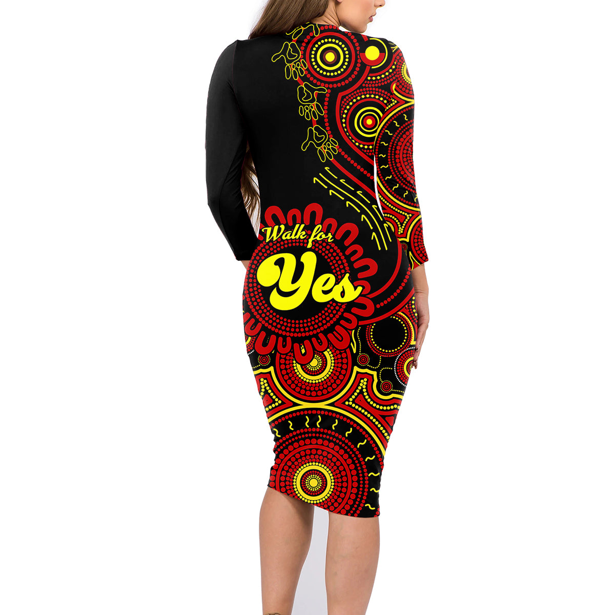 personalised-australia-walk-for-yes-family-matching-long-sleeve-bodycon-dress-and-hawaiian-shirt-indigenous-voice-2023-aboriginal-red-vibe