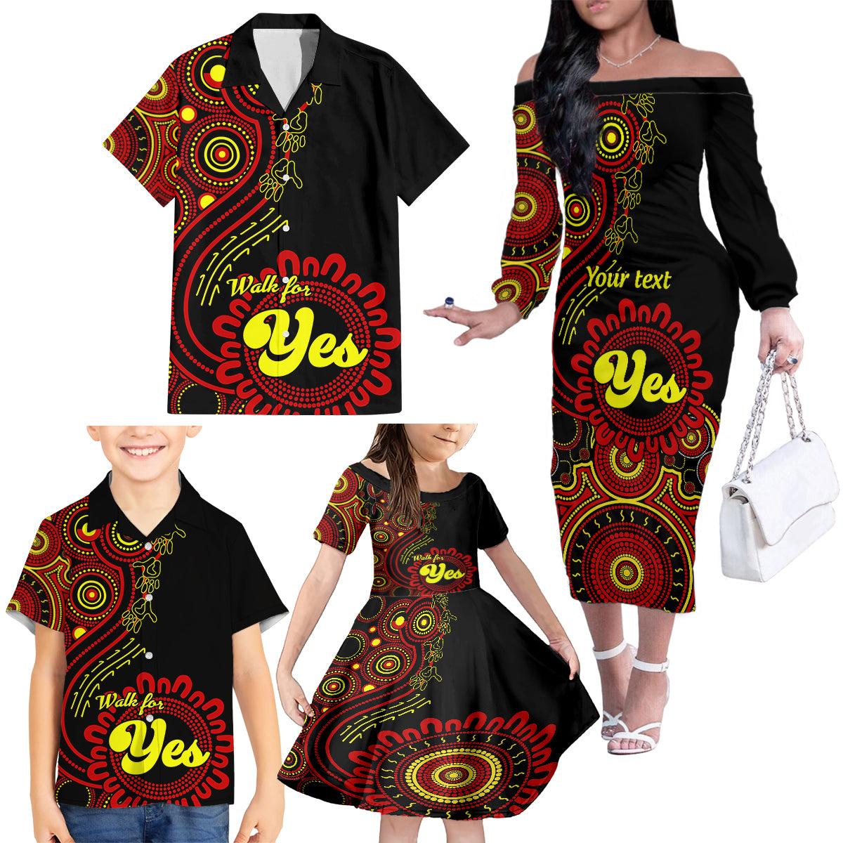 personalised-australia-walk-for-yes-family-matching-off-shoulder-long-sleeve-dress-and-hawaiian-shirt-indigenous-voice-2023-aboriginal-red-vibe