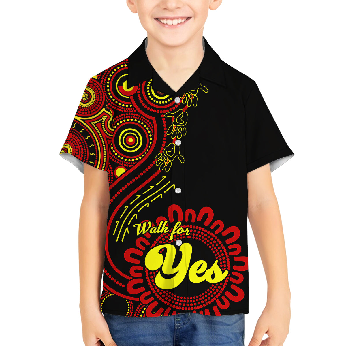 personalised-australia-walk-for-yes-family-matching-off-shoulder-long-sleeve-dress-and-hawaiian-shirt-indigenous-voice-2023-aboriginal-red-vibe