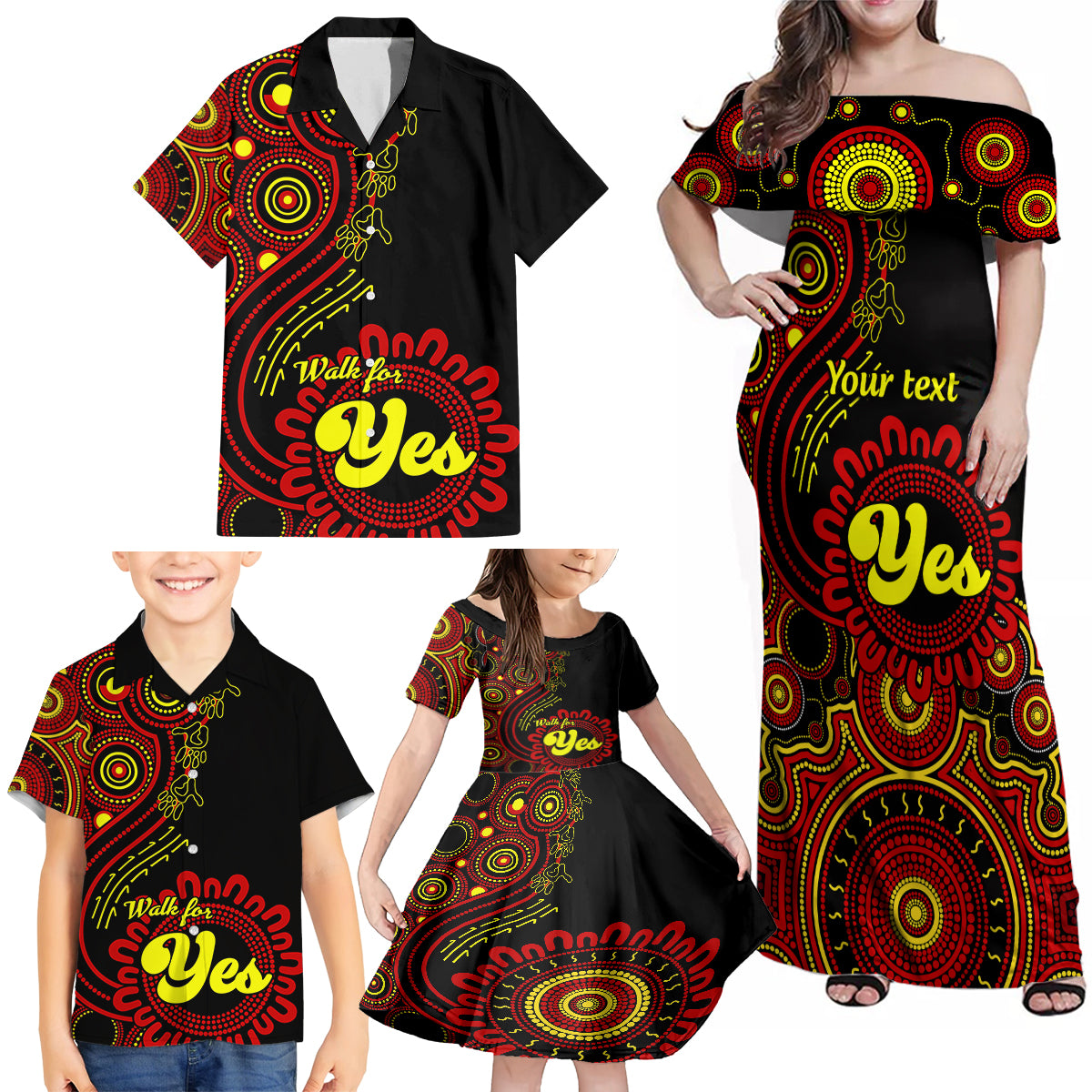 personalised-australia-walk-for-yes-family-matching-off-shoulder-maxi-dress-and-hawaiian-shirt-indigenous-voice-2023-aboriginal-red-vibe