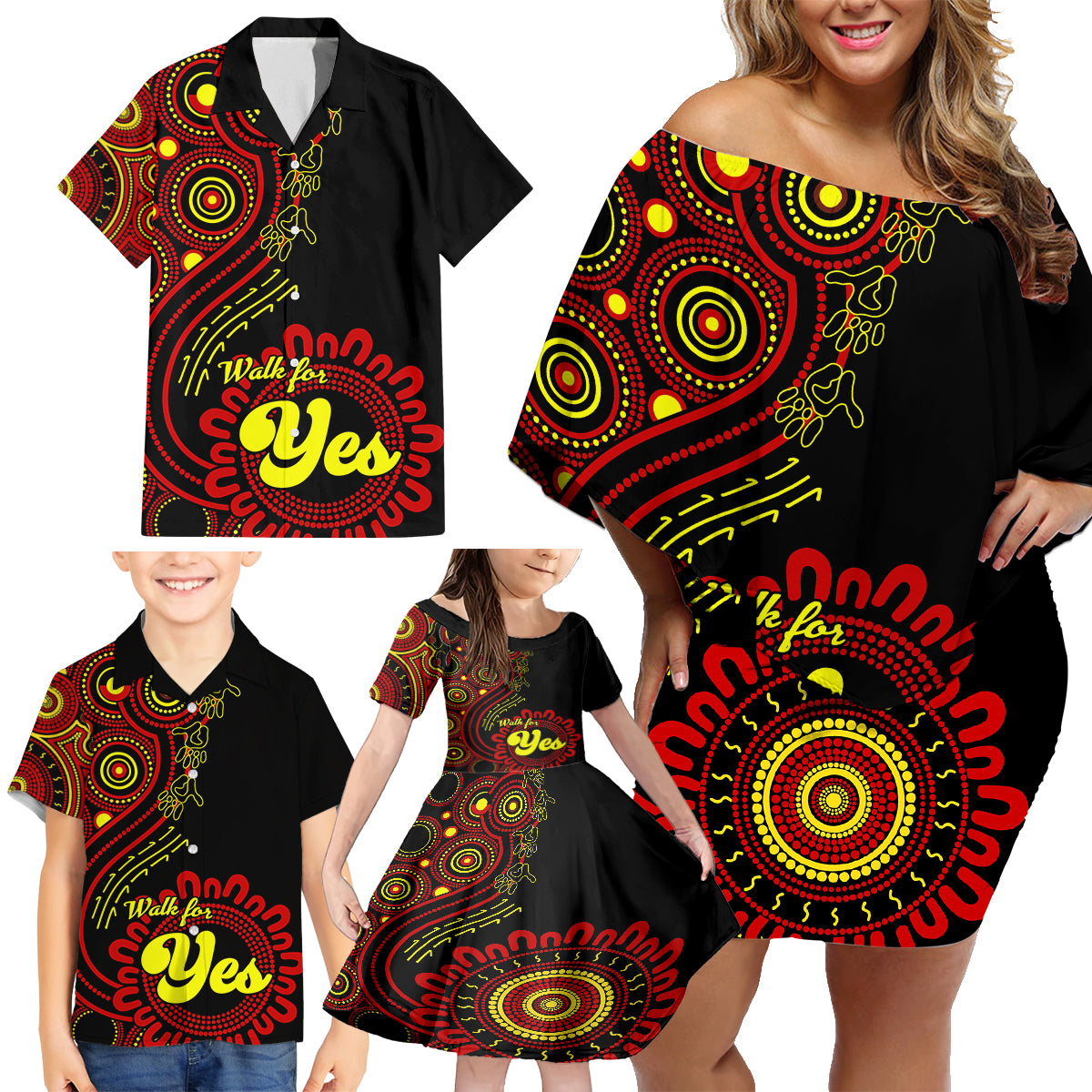 personalised-australia-walk-for-yes-family-matching-off-shoulder-short-dress-and-hawaiian-shirt-indigenous-voice-2023-aboriginal-red-vibe