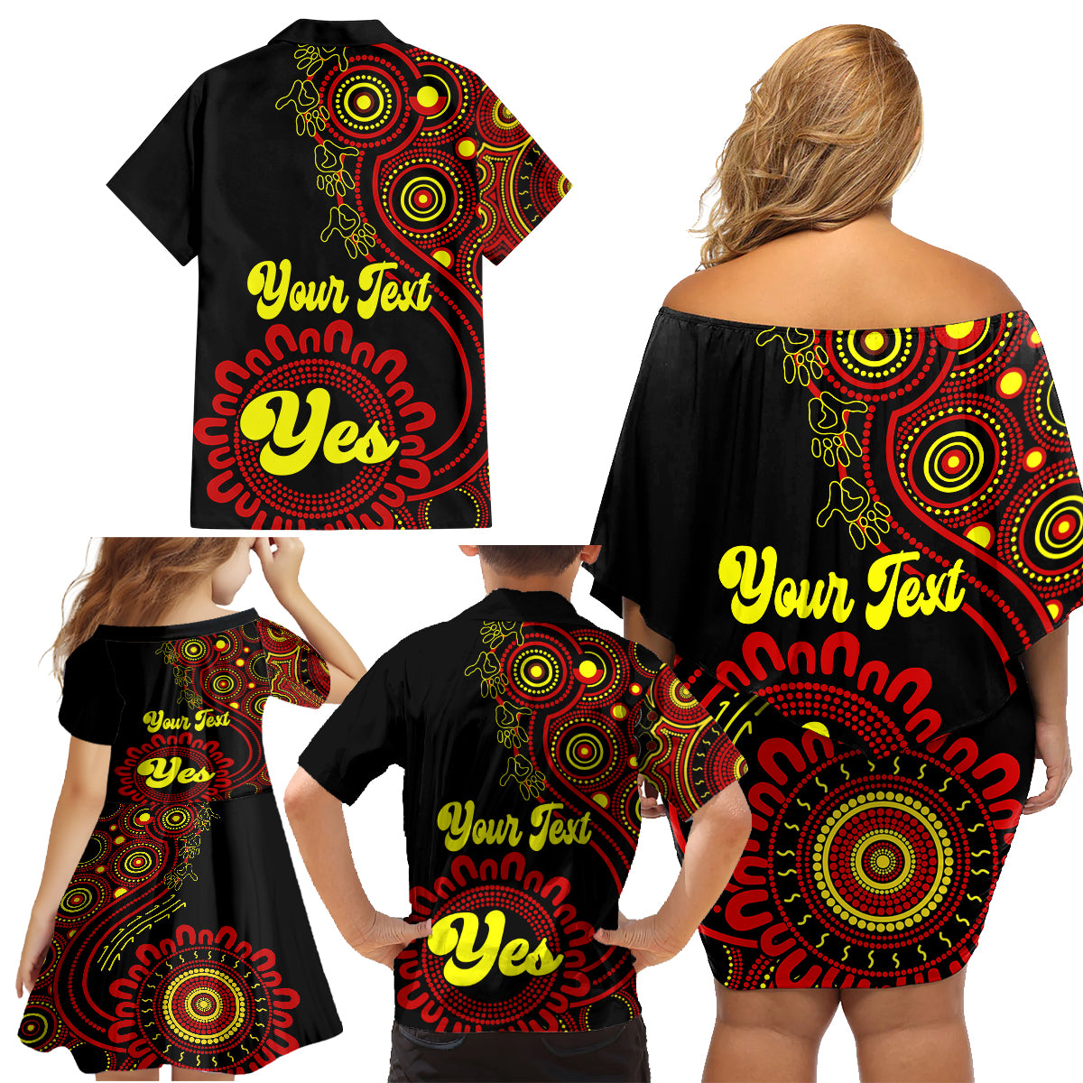personalised-australia-walk-for-yes-family-matching-off-shoulder-short-dress-and-hawaiian-shirt-indigenous-voice-2023-aboriginal-red-vibe