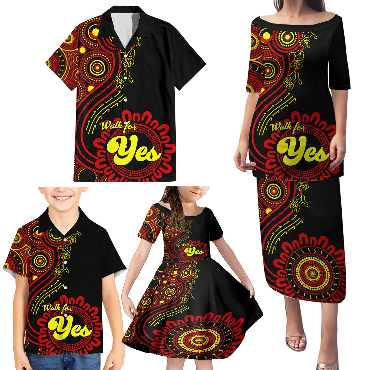 personalised-australia-walk-for-yes-family-matching-puletasi-dress-and-hawaiian-shirt-indigenous-voice-2023-aboriginal-red-vibe