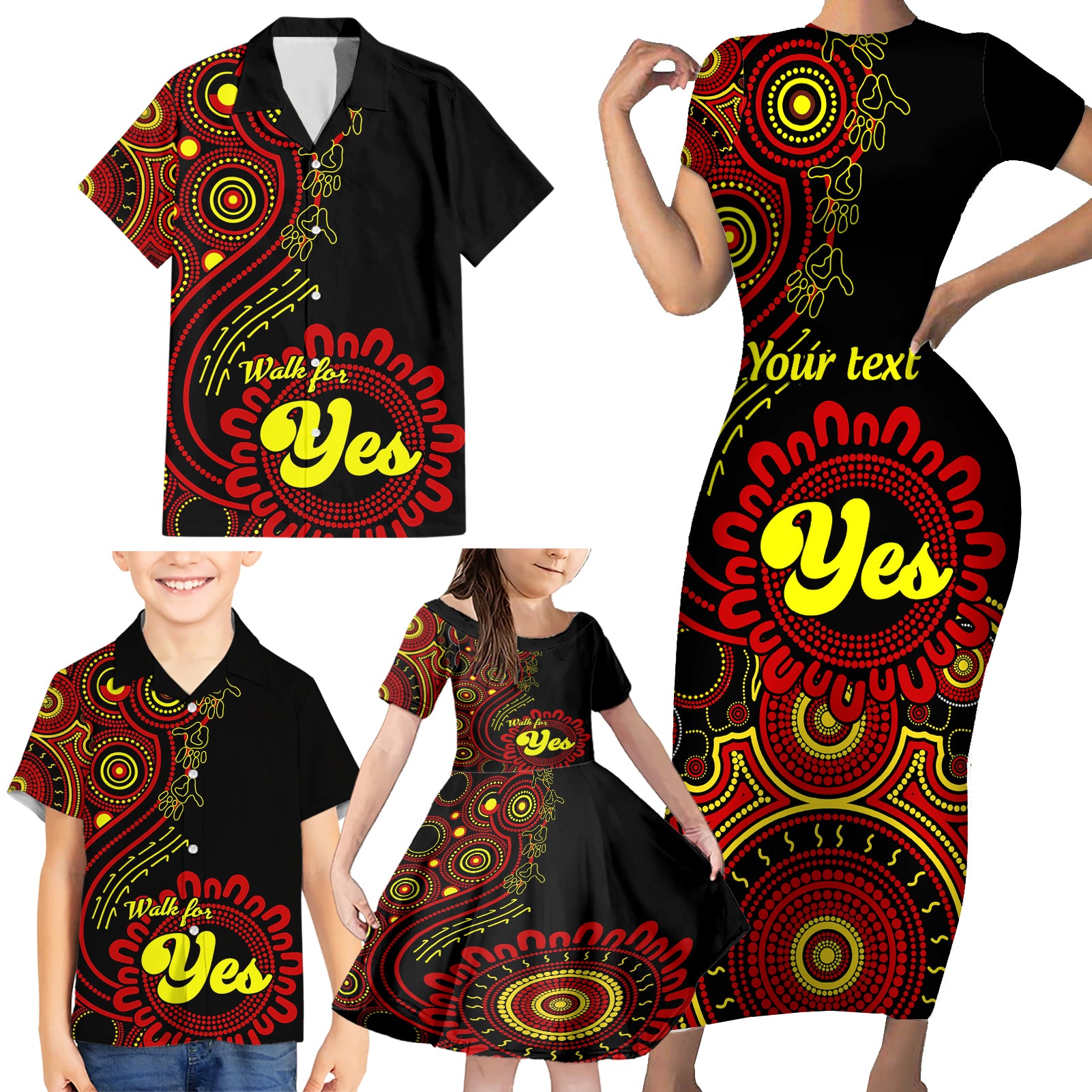 personalised-australia-walk-for-yes-family-matching-short-sleeve-bodycon-dress-and-hawaiian-shirt-indigenous-voice-2023-aboriginal-red-vibe