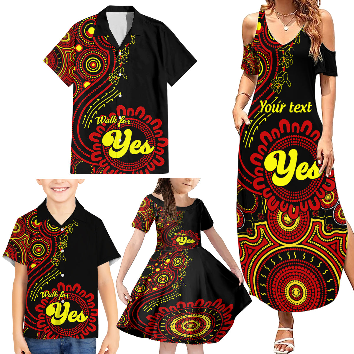 personalised-australia-walk-for-yes-family-matching-summer-maxi-dress-and-hawaiian-shirt-indigenous-voice-2023-aboriginal-red-vibe