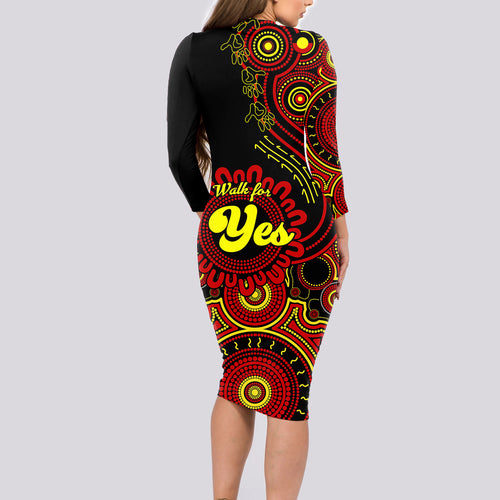 personalised-australia-walk-for-yes-long-sleeve-bodycon-dress-indigenous-voice-2023-aboriginal-red-vibe