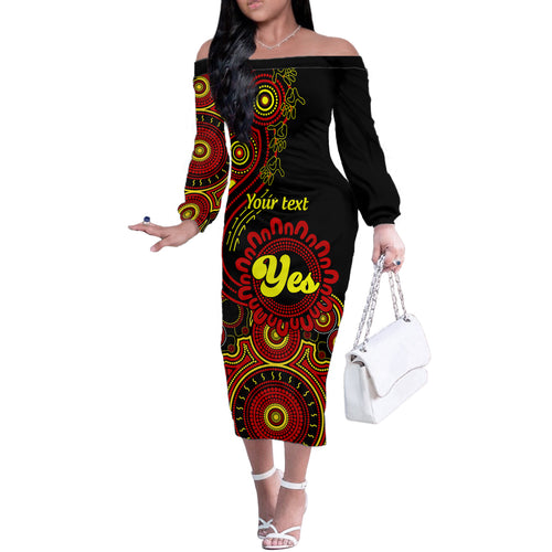 personalised-australia-walk-for-yes-off-the-shoulder-long-sleeve-dress-indigenous-voice-2023-aboriginal-red-vibe