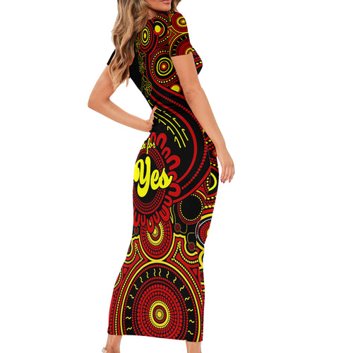 personalised-australia-walk-for-yes-short-sleeve-bodycon-dress-indigenous-voice-2023-aboriginal-red-vibe