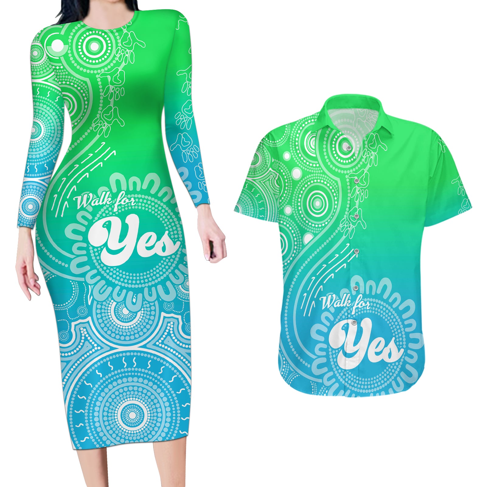 australia-walk-for-yes-couples-matching-long-sleeve-bodycon-dress-and-hawaiian-shirt-indigenous-voice-2023-aboriginal-green-vibe